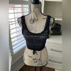 Crochet Black Cropped Tank Tie Shirt Top Beach Festival Womens Size XS/Small NEW
